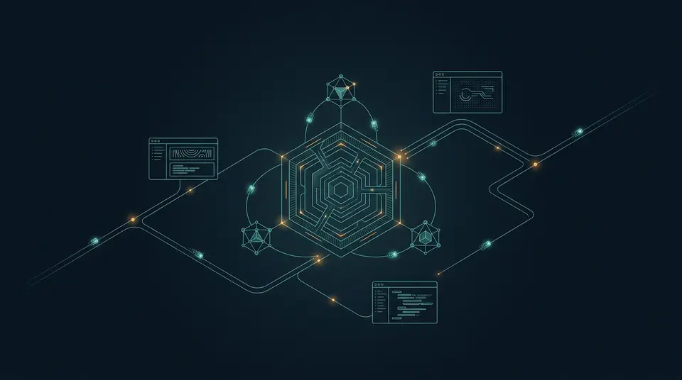 Abstract illustration of an AI agent core routing tasks to connected business tools