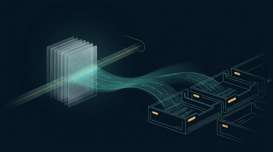 Abstract illustration of documents being classified and routed automatically